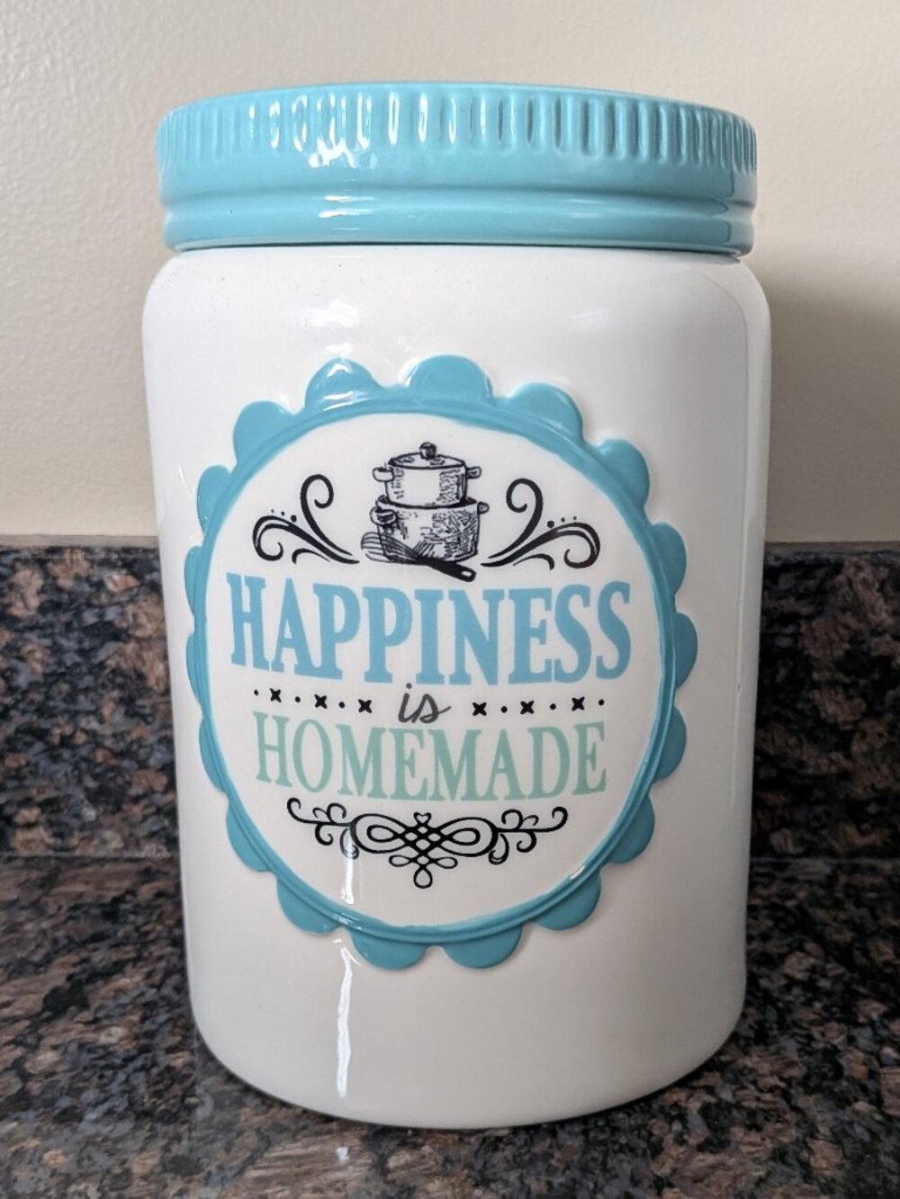 Cracker Barrel White and Light Blue Ceramic 'Happiness is Homemade' Canister